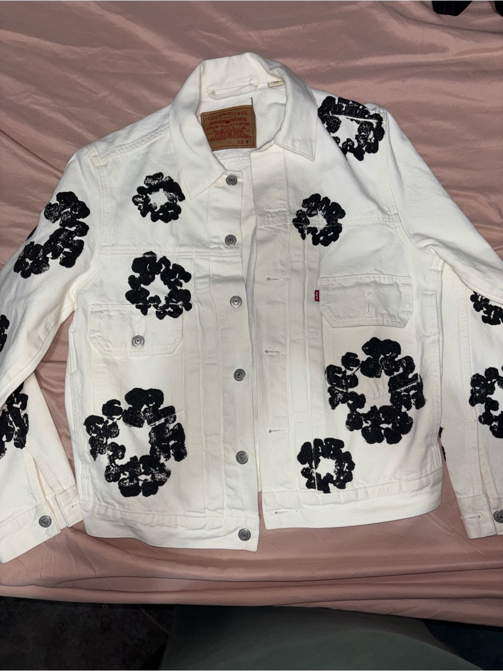 White Denim Jacket with Black Floral Circle Prints